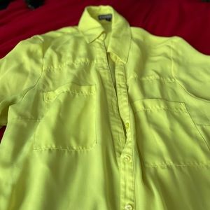 Neon yellow blouse button up the front button on arms for rolling up sleeves